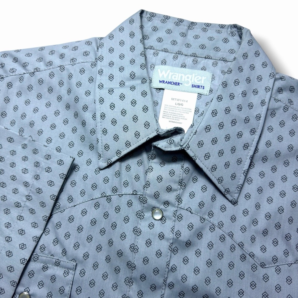 Wrangler Western Pearl Snap Shirt Men Large Short Sleeve Grey Geometric Diamond‎